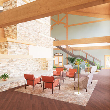 Grand stone fireplace in common area of new Usona Building