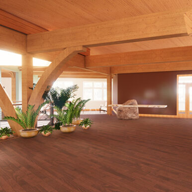 Lobby of the therapy wing of the new Usona campus-features beautiful wooden beams and architectural elements.