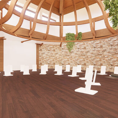Rendering of one of the therapy spaces in new Usona building-rock wall and pillars