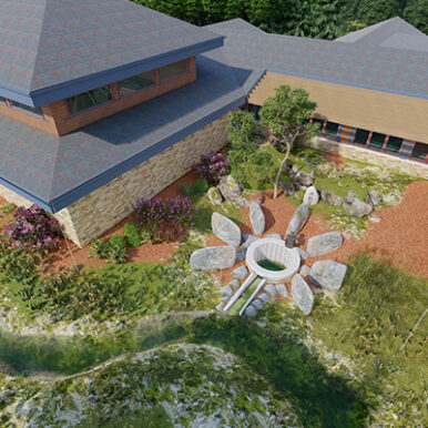 Arial view of rock fountain in new Usona campus courtyard