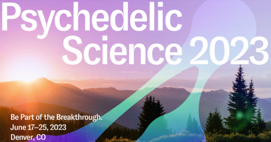 image of psychedelic science 2023 conference poster - Text on mountain landscape background with sun shinning