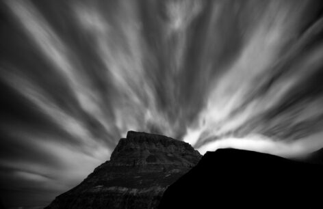 Black and white image of sky and mountains